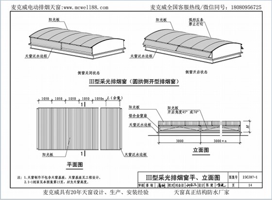 23CJ87-1采光、通風(fēng)、消防排煙天窗（一）中III型側(cè)開(kāi)式圓拱型電動(dòng)采光排煙天窗